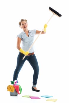 Housewife with cleaning equipment