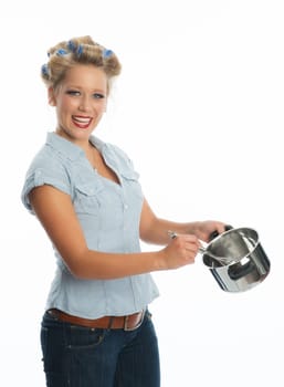 Blonde woman with cooking pot