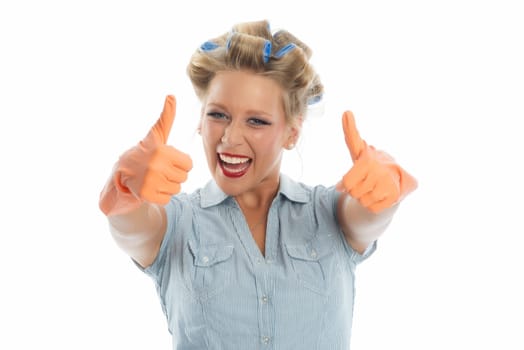 Housewife shows thumb high