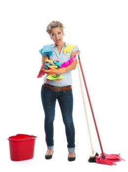 Housewife with cleaning equipment