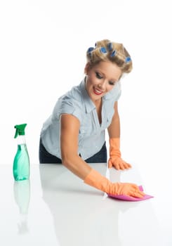 Housewife with spray bottle