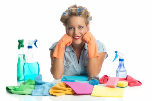 Housewife with cleaning equipment