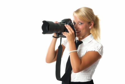 Blonde woman with camera