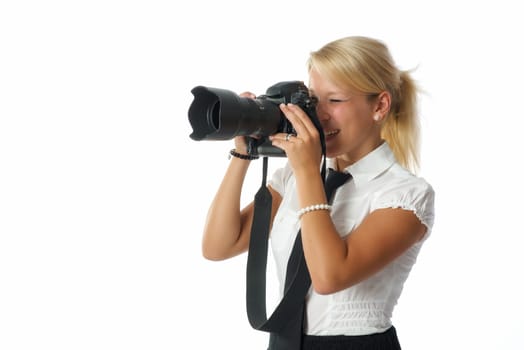 Blonde woman with camera