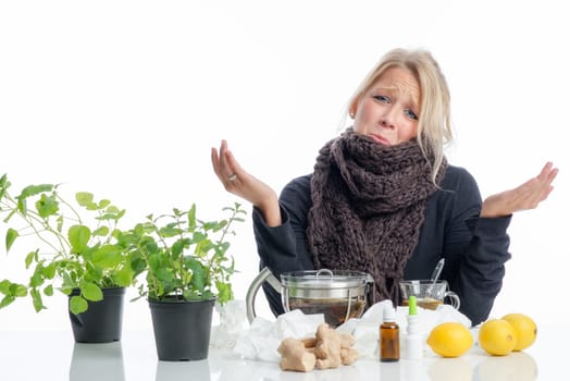 Sick blonde woman with remedies