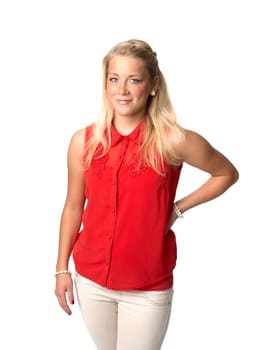 Woman in red blouse