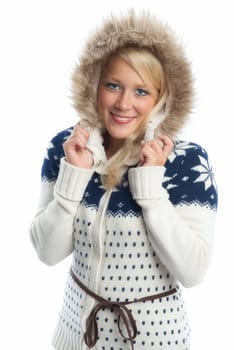 Blonde woman in a knitted coat