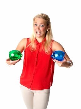 Blonde woman with piggy bank