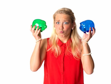 Blonde woman with piggy bank