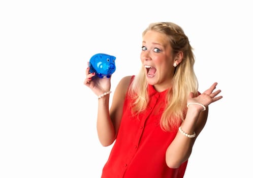Blonde woman with piggy bank