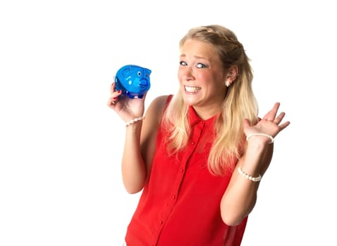 Blonde woman with piggy bank
