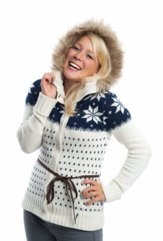 Blonde woman in a knitted coat