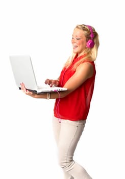 Woman with headphones and laptop
