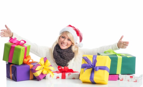 Christmas woman with piles of gifts
