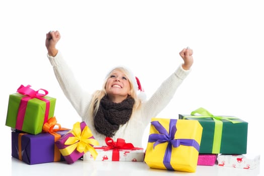 Christmas woman with piles of gifts