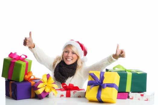 Christmas woman with piles of gifts
