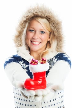 Woman holds Santa Claus boots