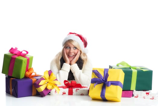 Christmas woman with piles of gifts