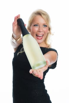 Woman holds champagne bottle
