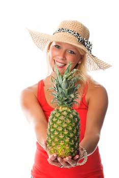 Blonde woman with pineapple