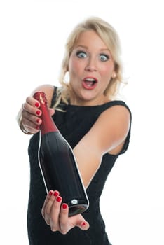 Woman with sparkling wine bottle
