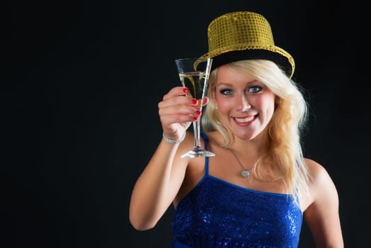 Blonde woman celebrates New Year's Eve