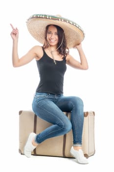 Woman with suitcase and sombrero
