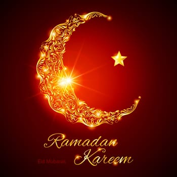 Glowing ornate crescent with bright flare and star in red shades. Greeting card of holy Muslim month Ramadan