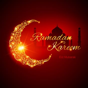Glowing ornate crescent with mosque and bright flare. Illustration in red shades. Greeting card of holy Muslim month Ramadan