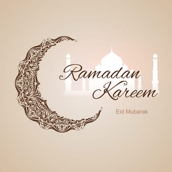 Brown ornate crescent with white mosque on beige background. Greeting card of holy Muslim month Ramadan