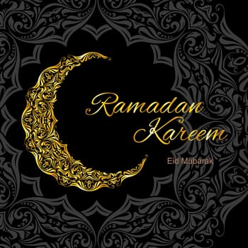 Golden ornate crescent on black and grey background of asian floral ornament. Greeting card of holy Muslim month Ramadan