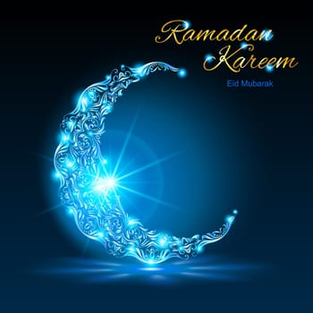 Glowing ornate crescent with bright flare and radiance in blue shades. Greeting card of holy Muslim month Ramadan