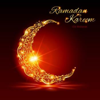 Glowing ornate crescent with bright flare and radiance in red shades. Greeting card of holy Muslim month Ramadan