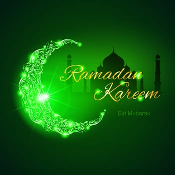 Glowing ornate crescent with mosque and bright flare. Illustration in green shades. Greeting card of holy Muslim month Ramadan