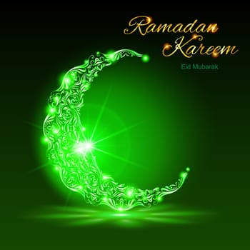 Glowing ornate crescent with bright flare and radiance in green shades. Greeting card of holy Muslim month Ramadan