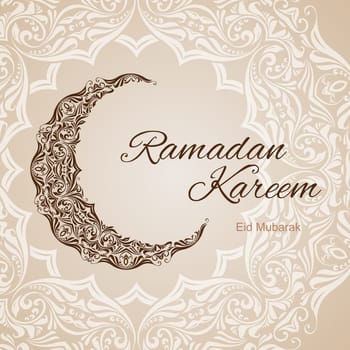 Brown ornate crescent on background of asian floral ornament. Illustration in pastel shades. Greeting card of holy Muslim month Ramadan