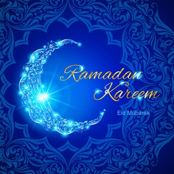 Glowing ornate crescent with bright flare and asian floral ornament in background. Illustration in blue shades. Greeting card of holy Muslim month Ramadan