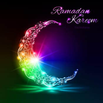 Colorful glowing ornate crescent with bright flare and radiance on dark background. Greeting card of holy Muslim month Ramadan