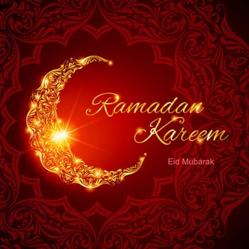 Glowing ornate crescent with bright flare and asian floral ornament in background. Illustration in red shades. Greeting card of holy Muslim month Ramadan