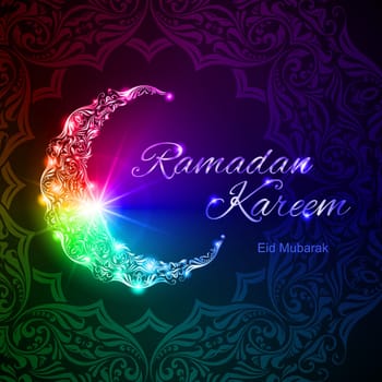 Colorful glowing ornate crescent with bright flare and asian floral ornament in background. Greeting card of holy Muslim month Ramadan