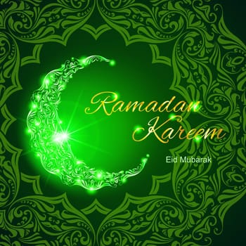 Glowing ornate crescent with bright flare and asian floral ornament in background. Illustration in green shades. Greeting card of holy Muslim month Ramadan