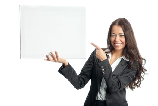 Businesswoman holds advertising poster