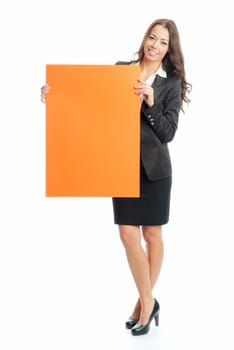 Young businesswoman holds an advertising sign