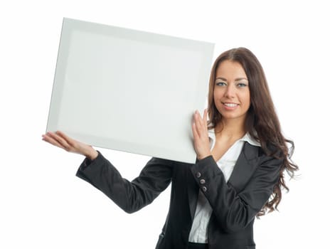 Businesswoman holds advertising poster