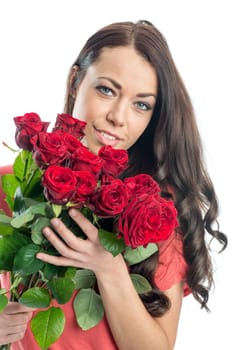 Young woman with bouquets of roses