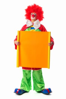Clown holds advertising sign