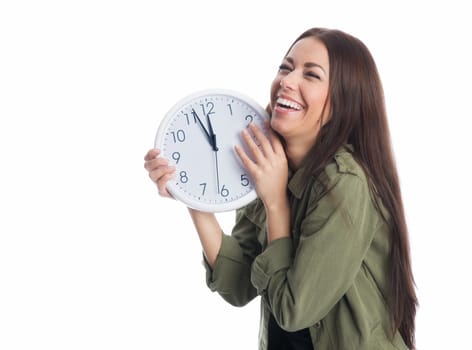 Laughing woman with wall clock