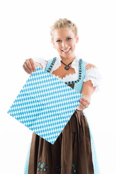 Bavarian girl holds a napkin as advertising space