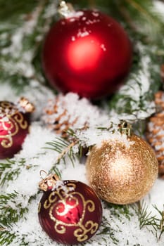 red Christmas baubles between cones and fir branches covered with snow as macro detail