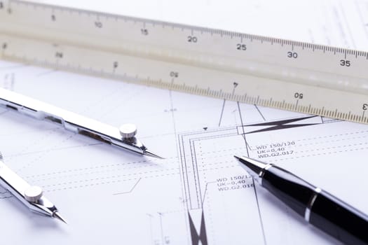 Architectural blueprints and working materials for architects for surveying in the Böro on a scherib tisch